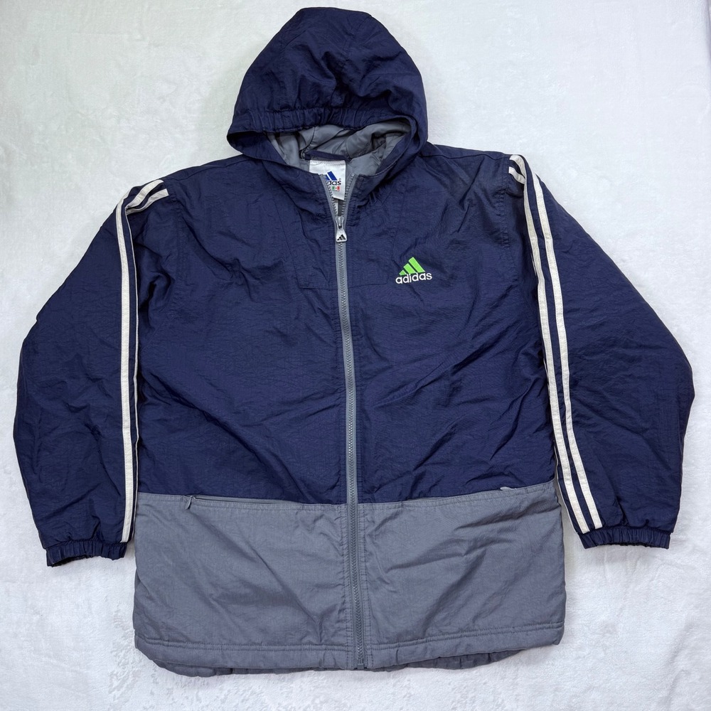Vintage Adidas Winter Jacket Navy Blue Grey Quilted Hooded Mens Large 90s Logo